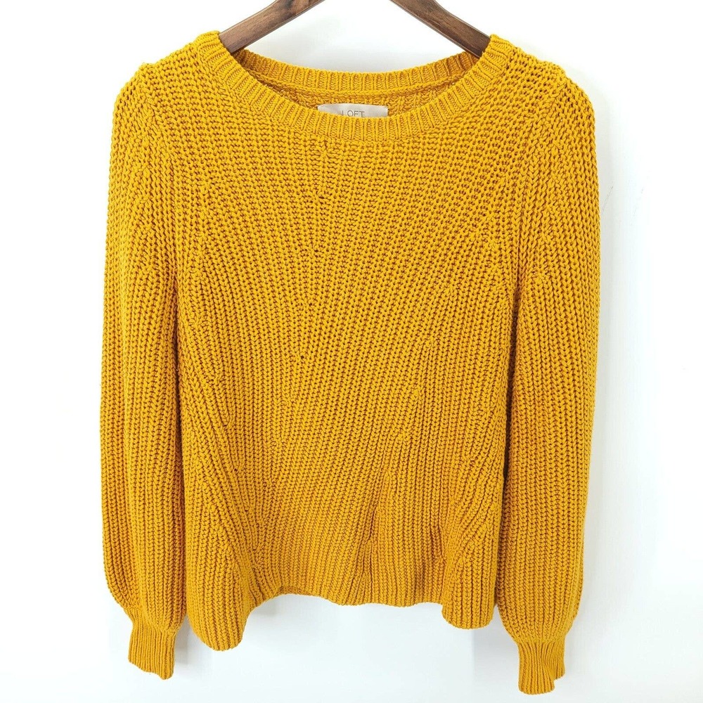 LOFT Womens Solid Mustard Round Neck Balloon Sleeve Chunky Knit Sweater Sz Small